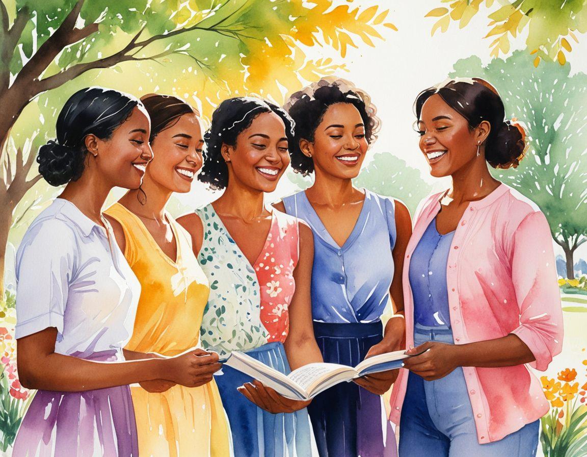 A diverse group of courageous women standing together, each representing different cultures and backgrounds, radiating strength and empowerment. The scene captures them sharing stories, laughter, and support in a vibrant, sunlit park, surrounded by blossoming flowers and symbolic elements like books and art supplies. The atmosphere conveys a sense of unity and joy, inspiring viewers to embrace their own stories. watercolor painting. vibrant colors. soft focus.