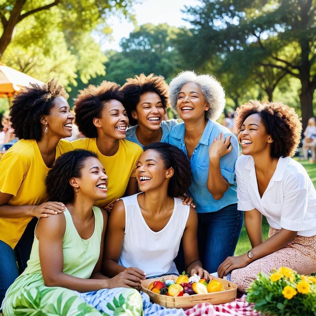A warm and vibrant scene depicting a diverse group of women of different ages and ethnicities joyfully sharing a moment together in a sunlit park. They are laughing, hugging, and engaging in various activities such as having a picnic, painting, and dancing, symbolizing unity and friendship. Colorful flowers and greenery surround them, enhancing the sense of joy. The atmosphere radiates positivity and connection. super-realistic. vibrant colors. warm tones.